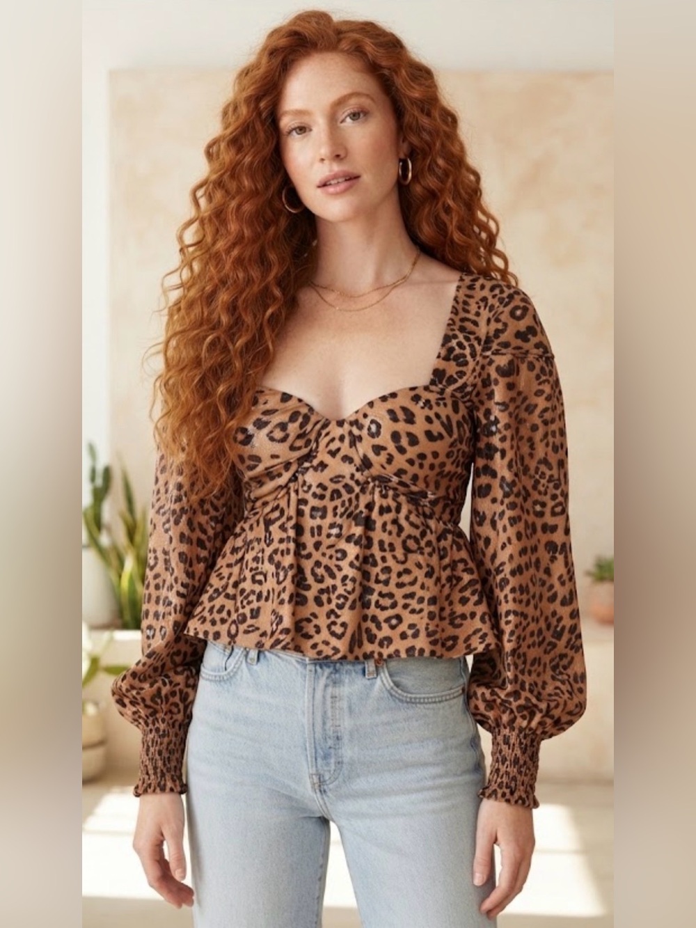 House of Harlow 1960 Leopard Print Sweetheart Peplum Top - Brown